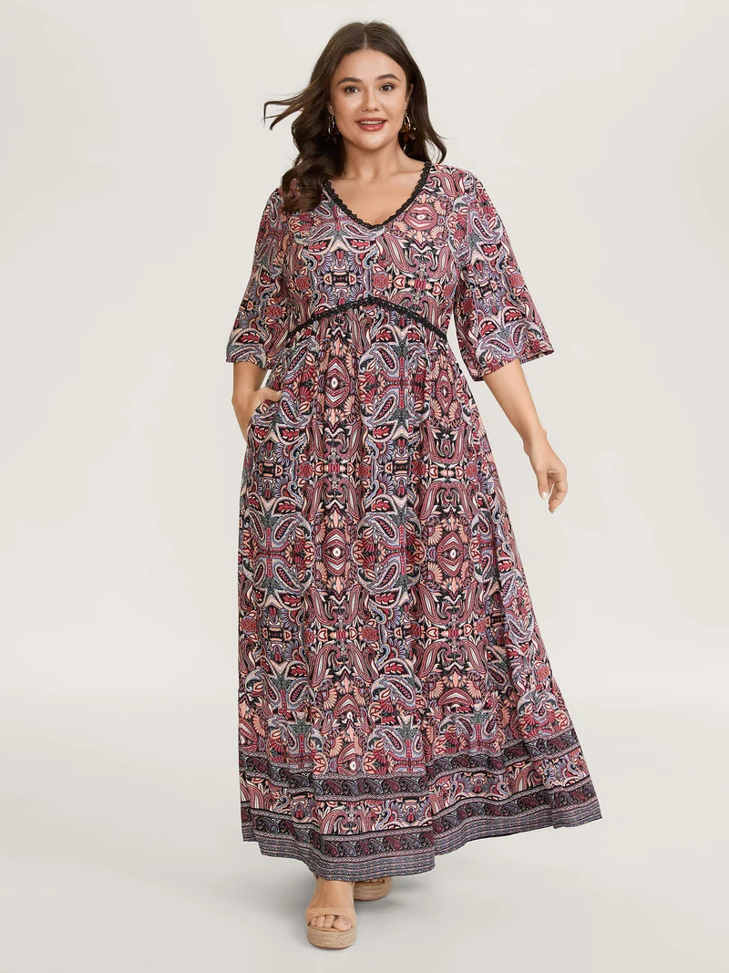 Paisley Print Lace Trim Pockets Maxi Dress