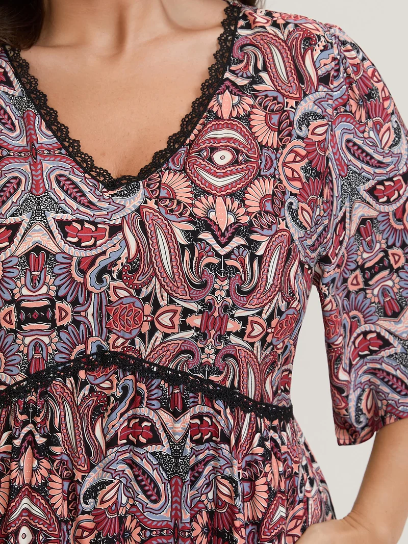 Paisley Print Lace Trim Pockets Maxi Dress
