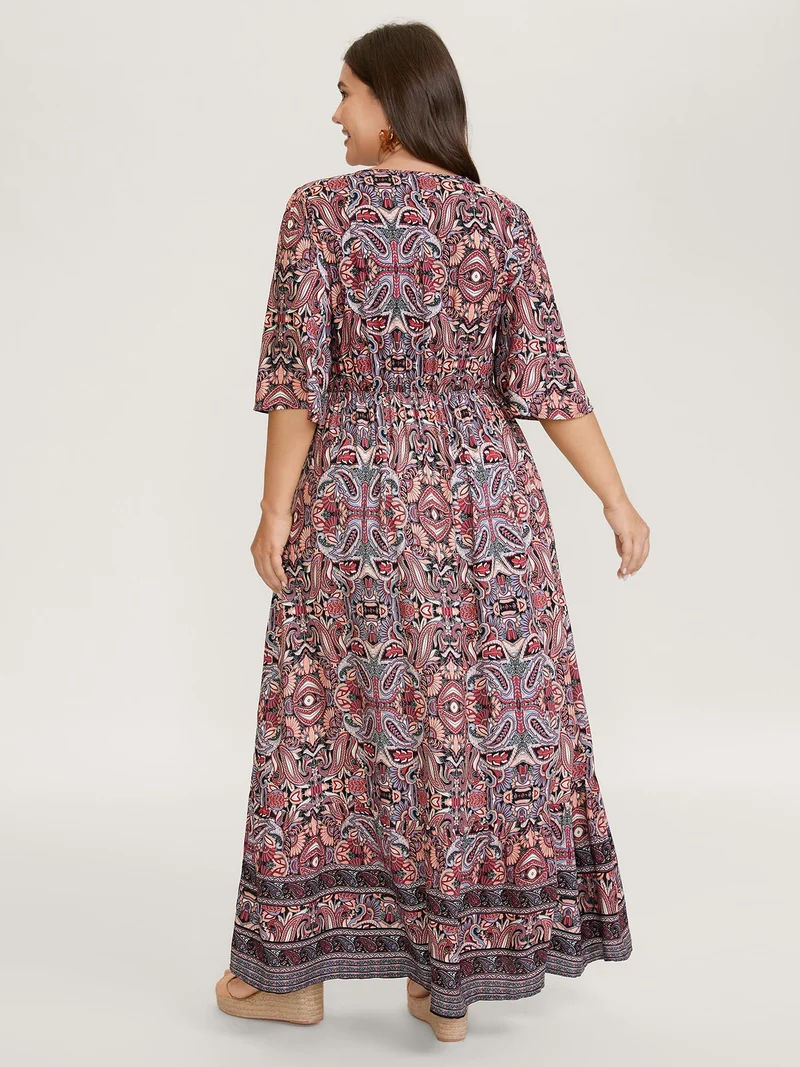 Paisley Print Lace Trim Pockets Maxi Dress