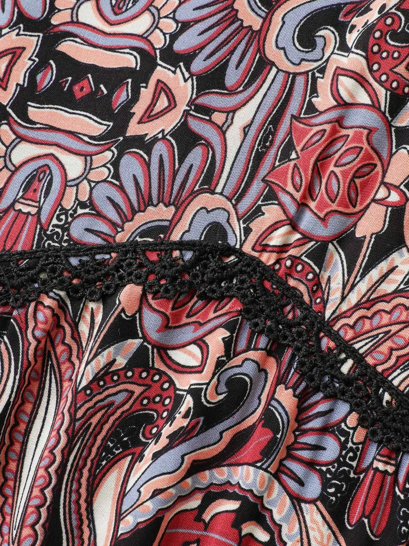 Paisley Print Lace Trim Pockets Maxi Dress