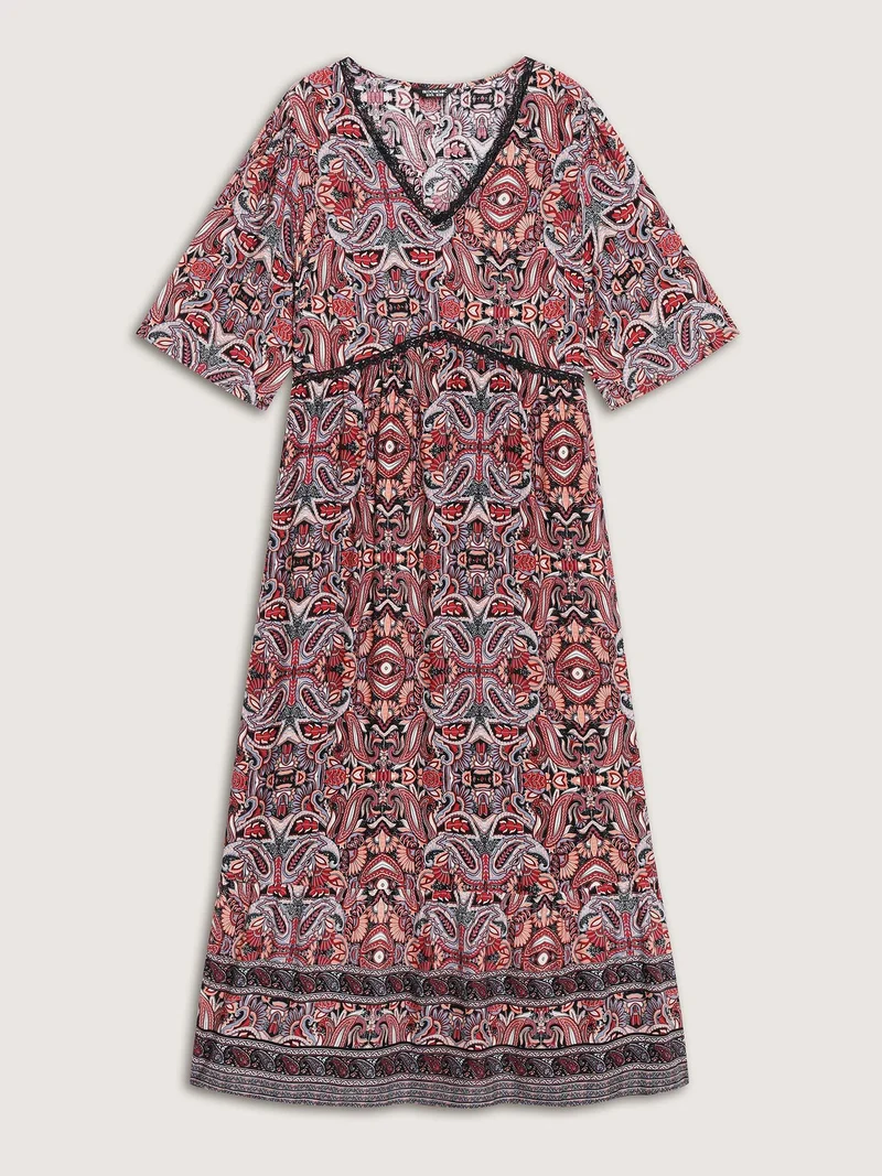 Paisley Print Lace Trim Pockets Maxi Dress