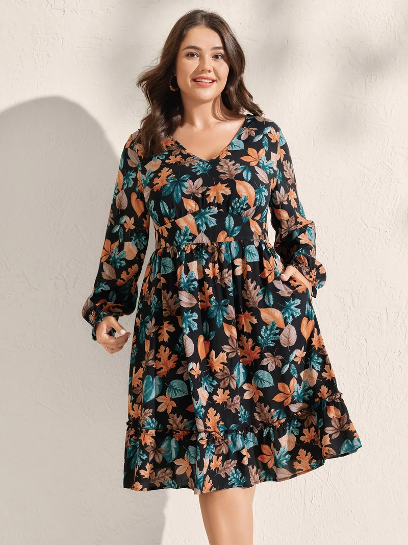 Floral Print V-Neck Pockets Knee-Length Dress