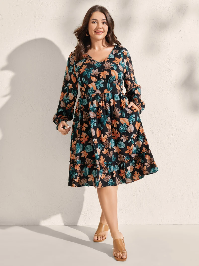 Floral Print V-Neck Pockets Knee-Length Dress