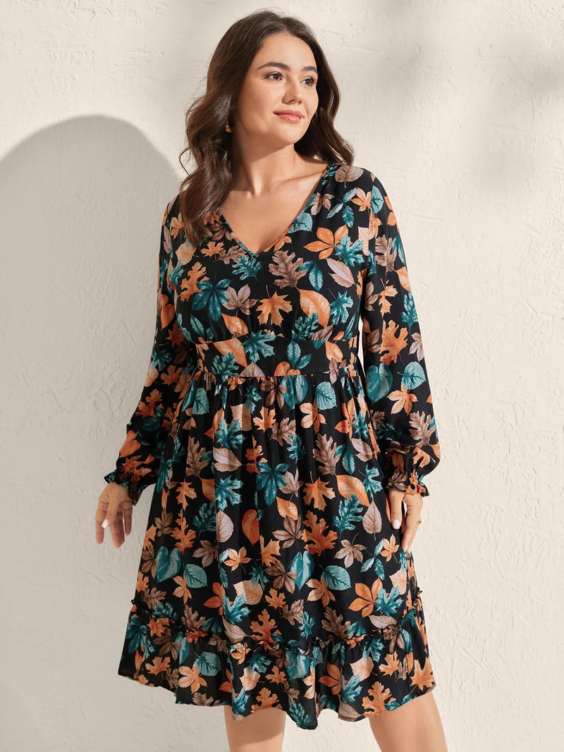 Floral Print V-Neck Pockets Knee-Length Dress