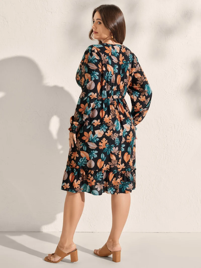 Floral Print V-Neck Pockets Knee-Length Dress