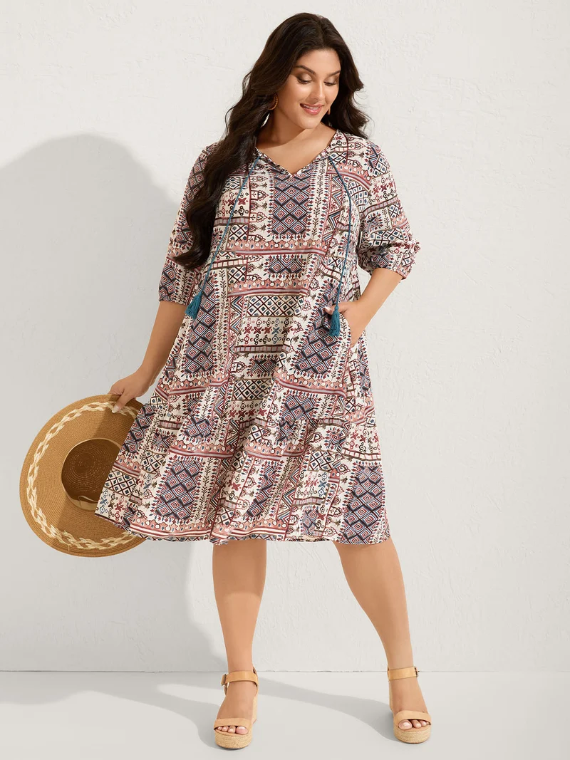 Boho Collage Print Neck-Tie Midi Dress