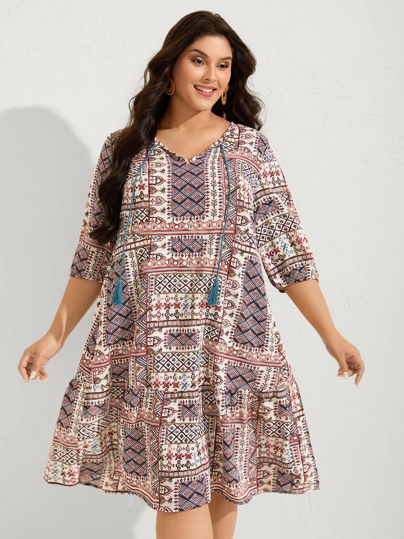 Boho Collage Print Neck-Tie Midi Dress