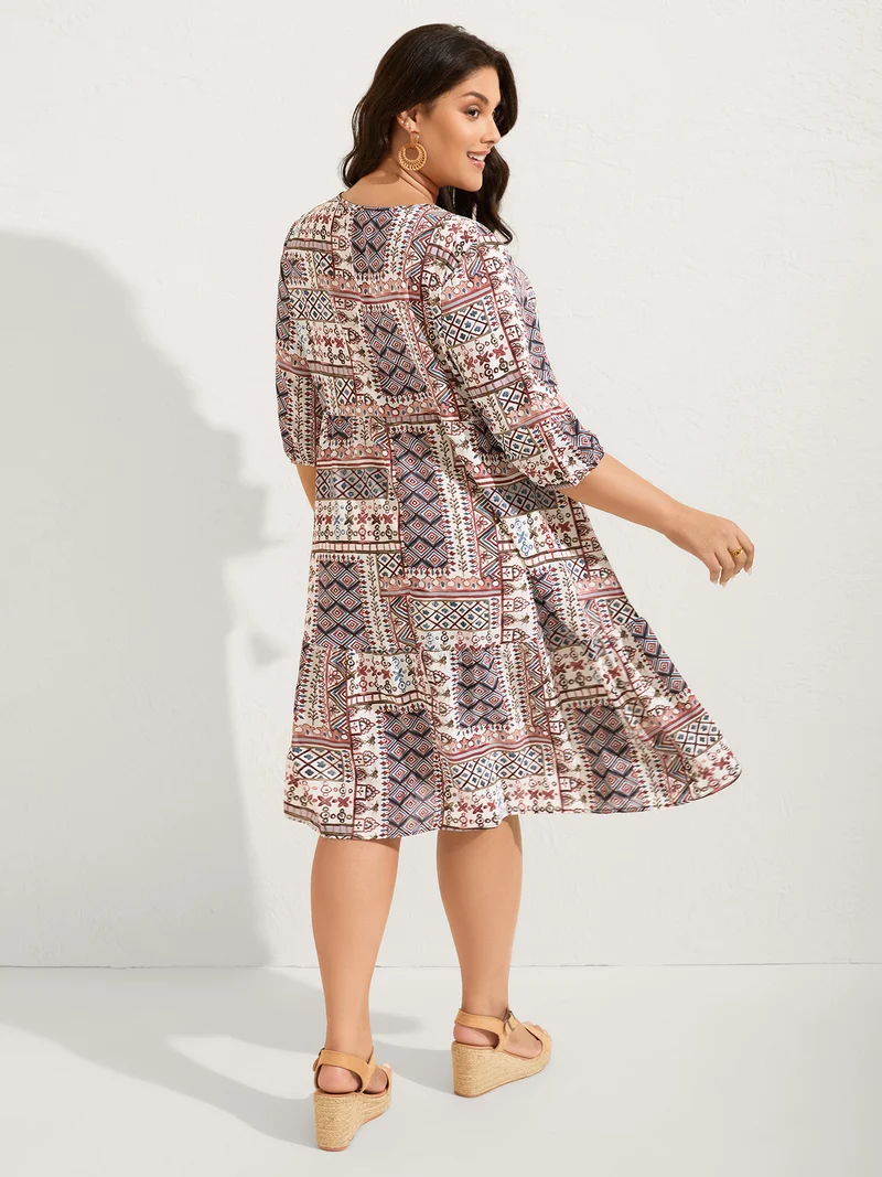 Boho Collage Print Neck-Tie Midi Dress