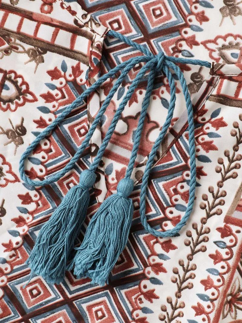 Boho Collage Print Neck-Tie Midi Dress