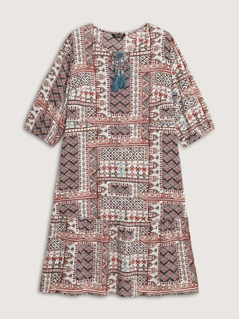 Boho Collage Print Neck-Tie Midi Dress