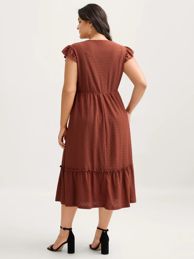 Textured Flutter Sleeve Tiered Midi Dress
