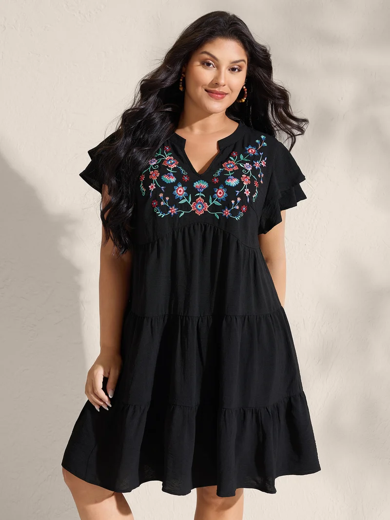 Embroidered Neckline A-Line Ruffled Knee-Length Dress