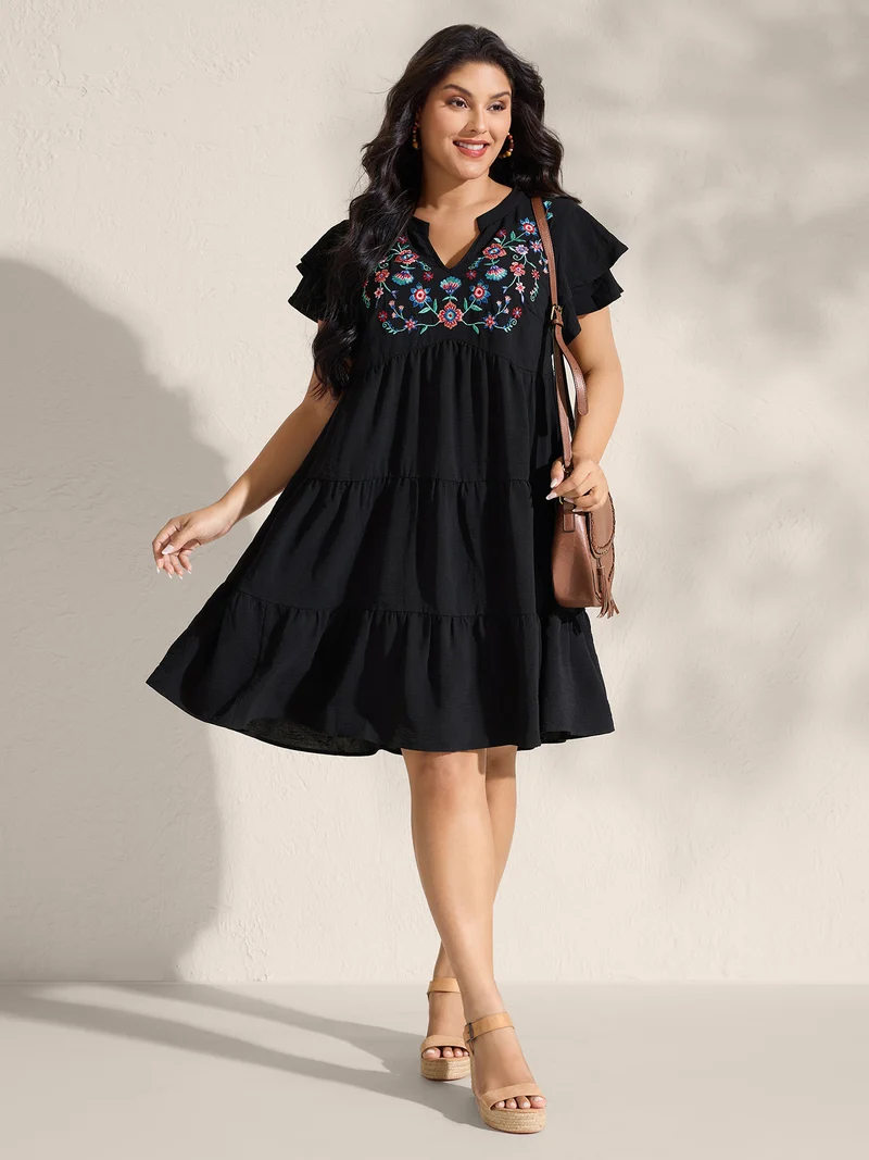 Embroidered Neckline A-Line Ruffled Knee-Length Dress