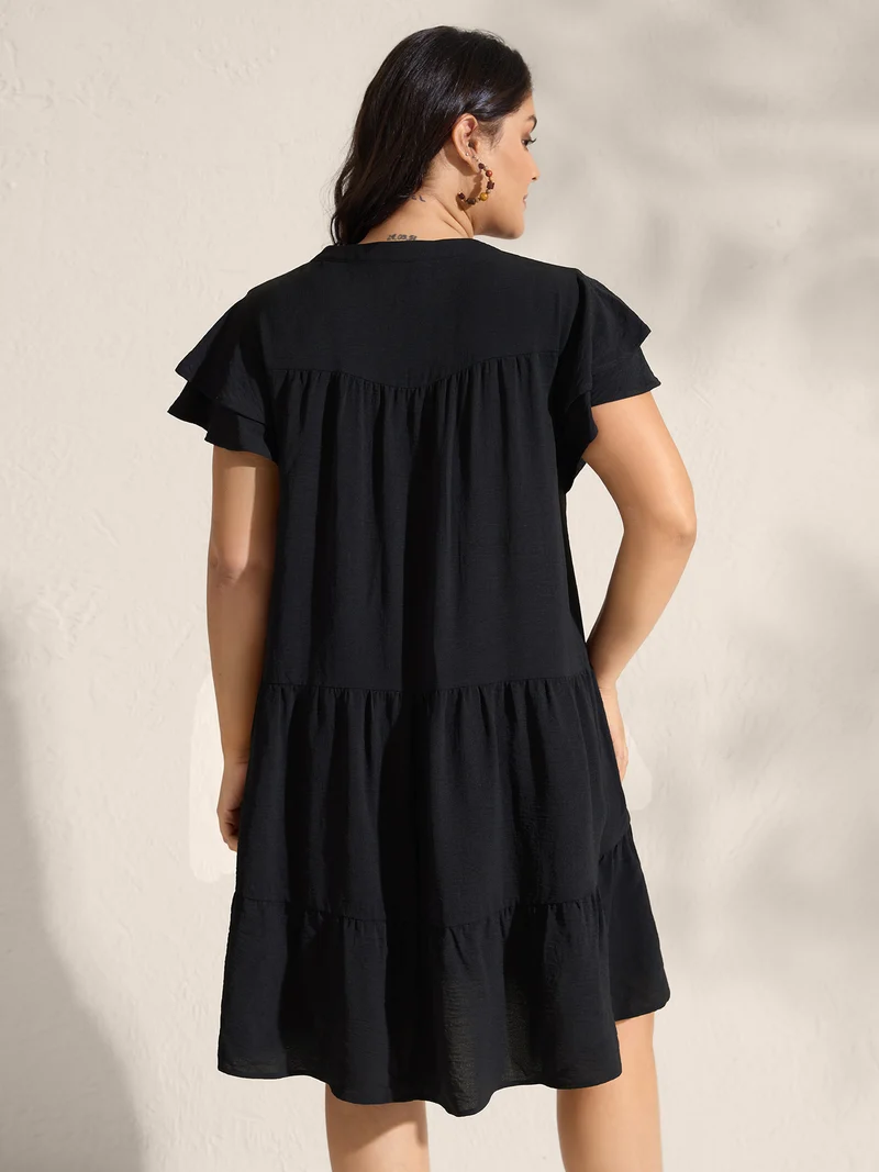 Embroidered Neckline A-Line Ruffled Knee-Length Dress