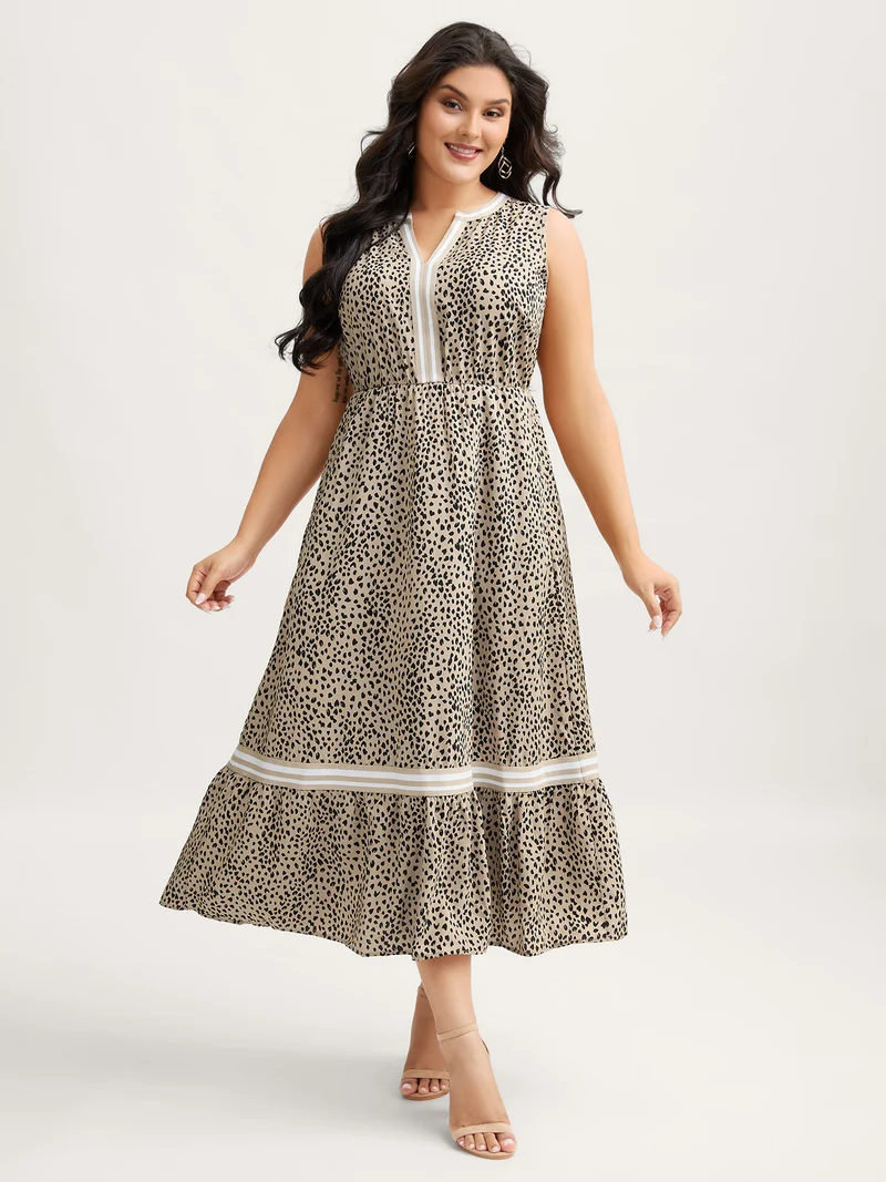 Leopard Print V-Neck Pockets Midi Dress