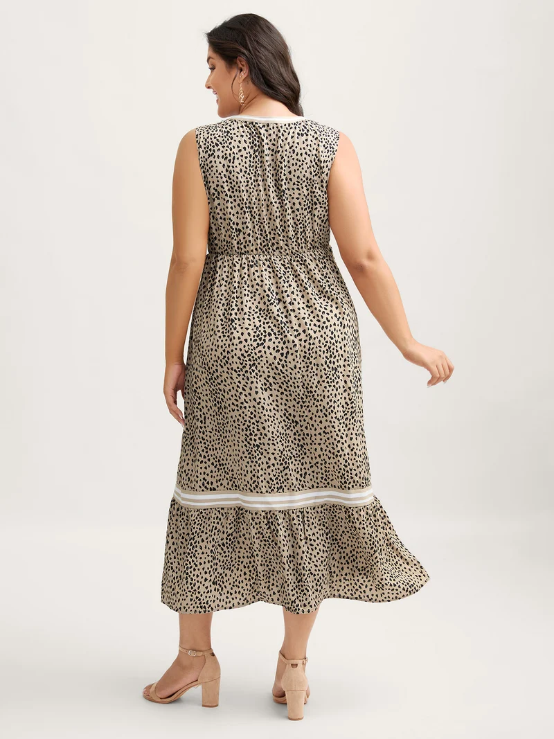 Leopard Print V-Neck Pockets Midi Dress