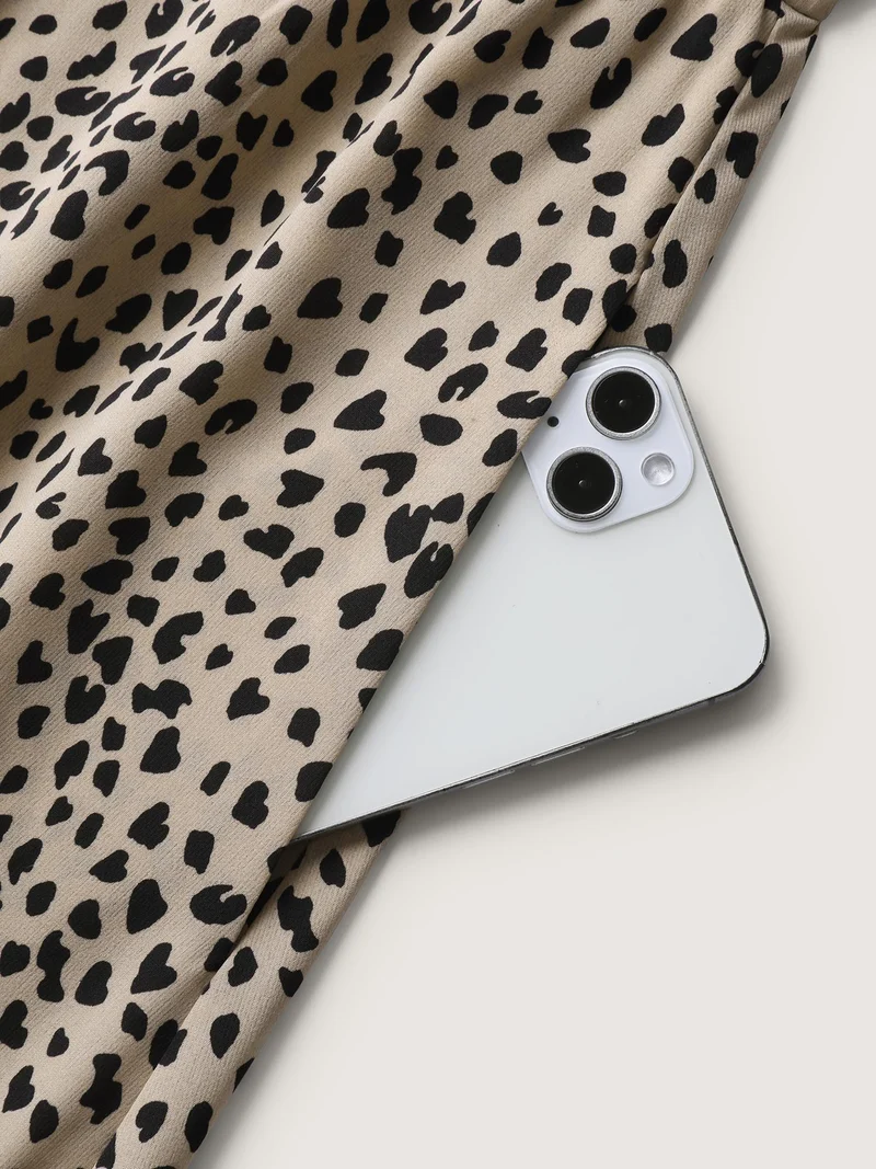 Leopard Print V-Neck Pockets Midi Dress