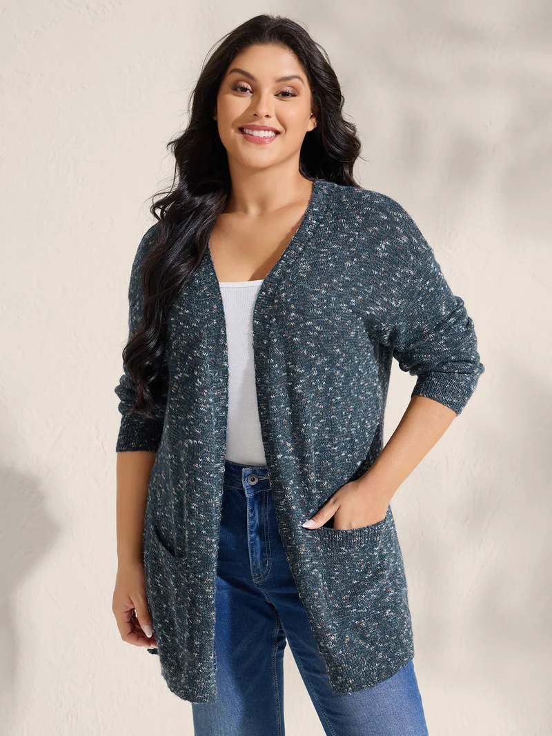 Heather Pockets Open-Front Knit Cardigan
