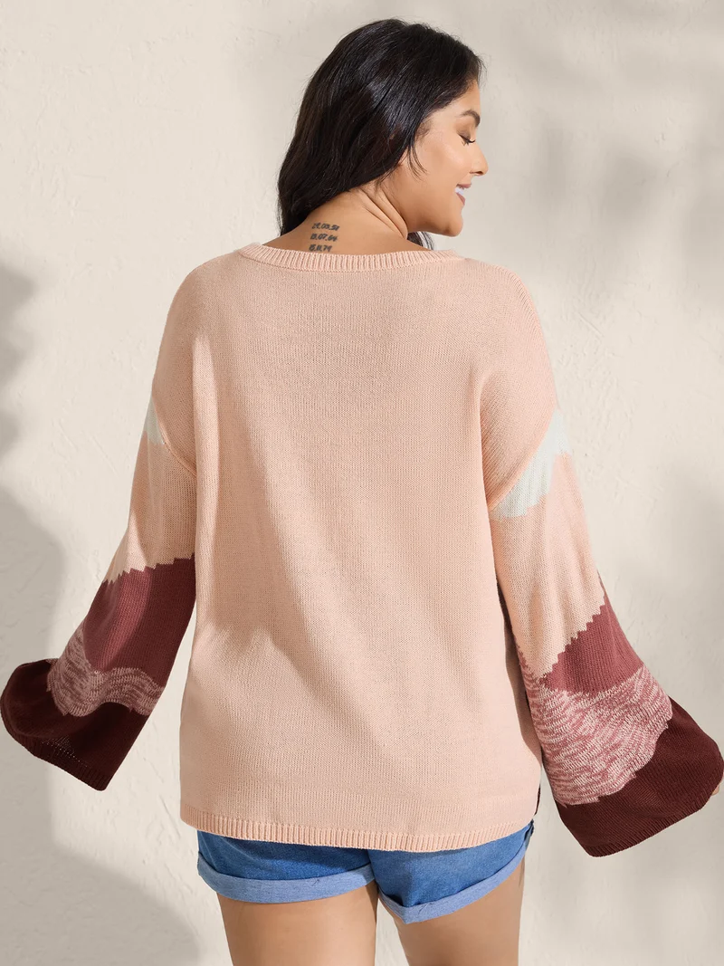 Color Block Drop Shoulder Ribbed Hem Pullover