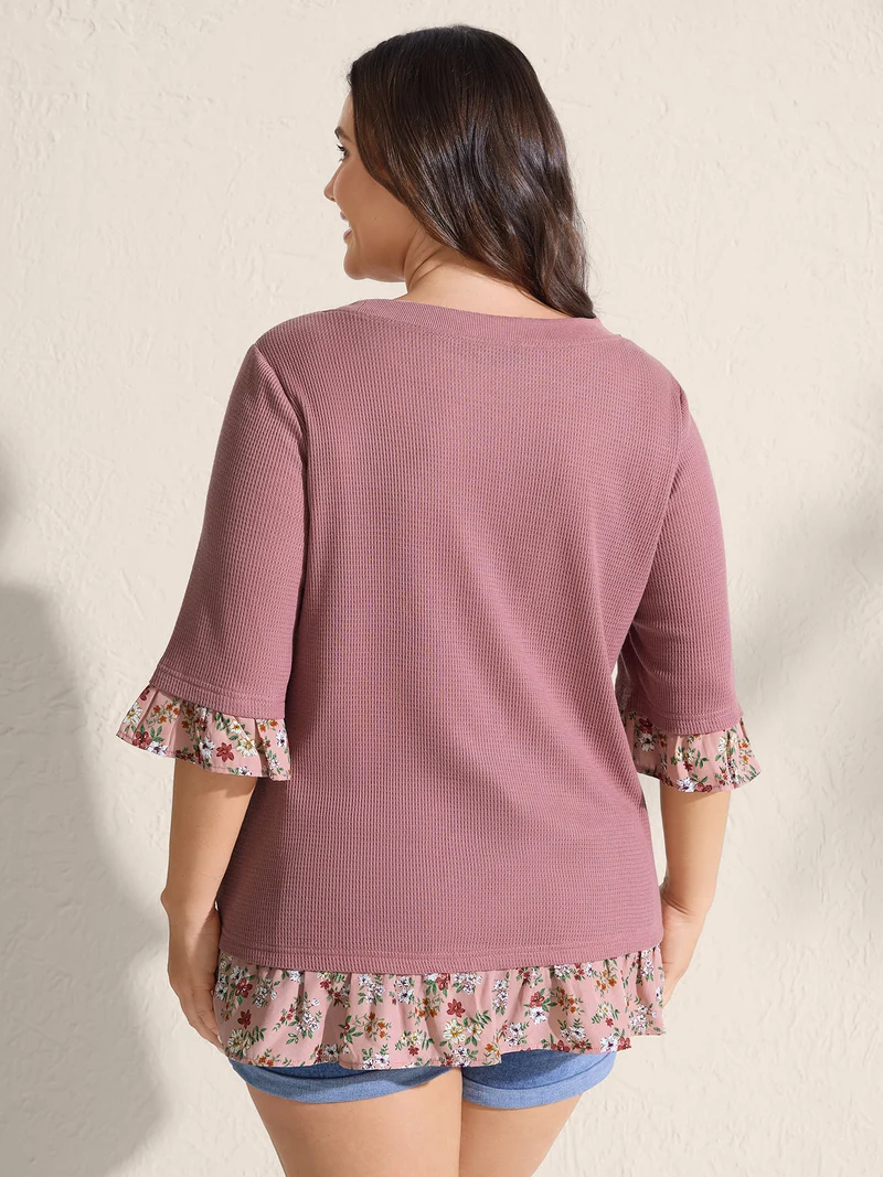 Ribbed Floral Patchwork Ruffled Sleeve T-Shirt