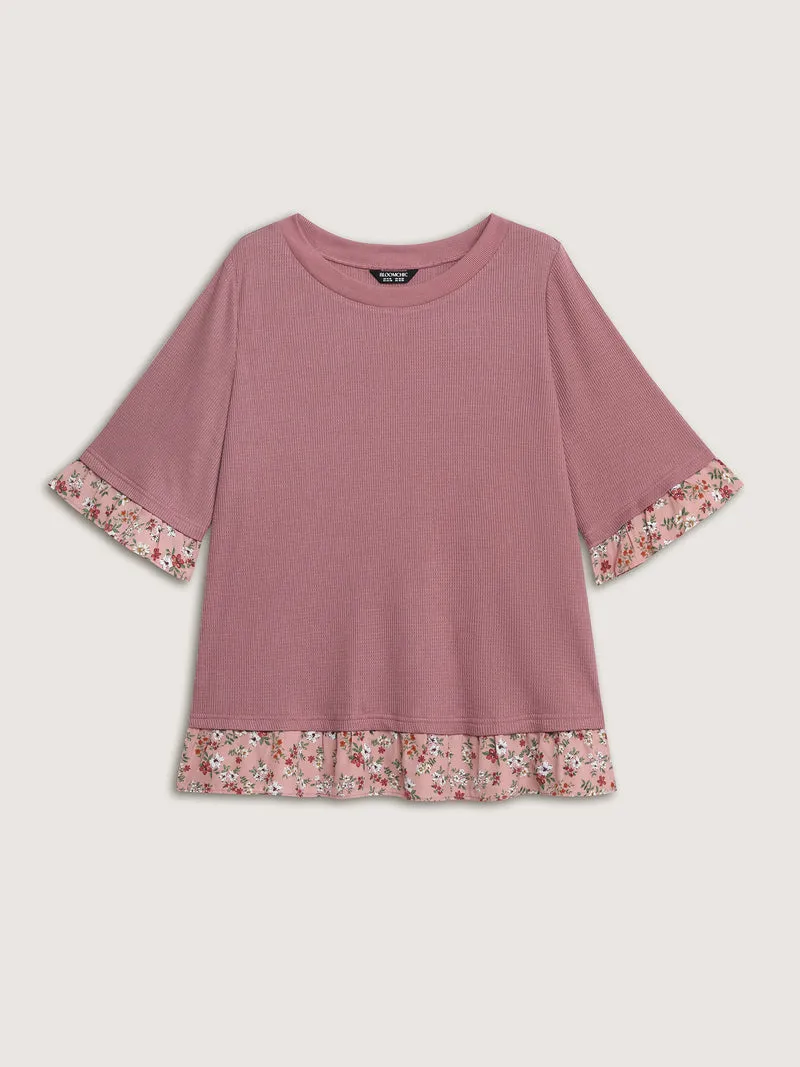 Ribbed Floral Patchwork Ruffled Sleeve T-Shirt