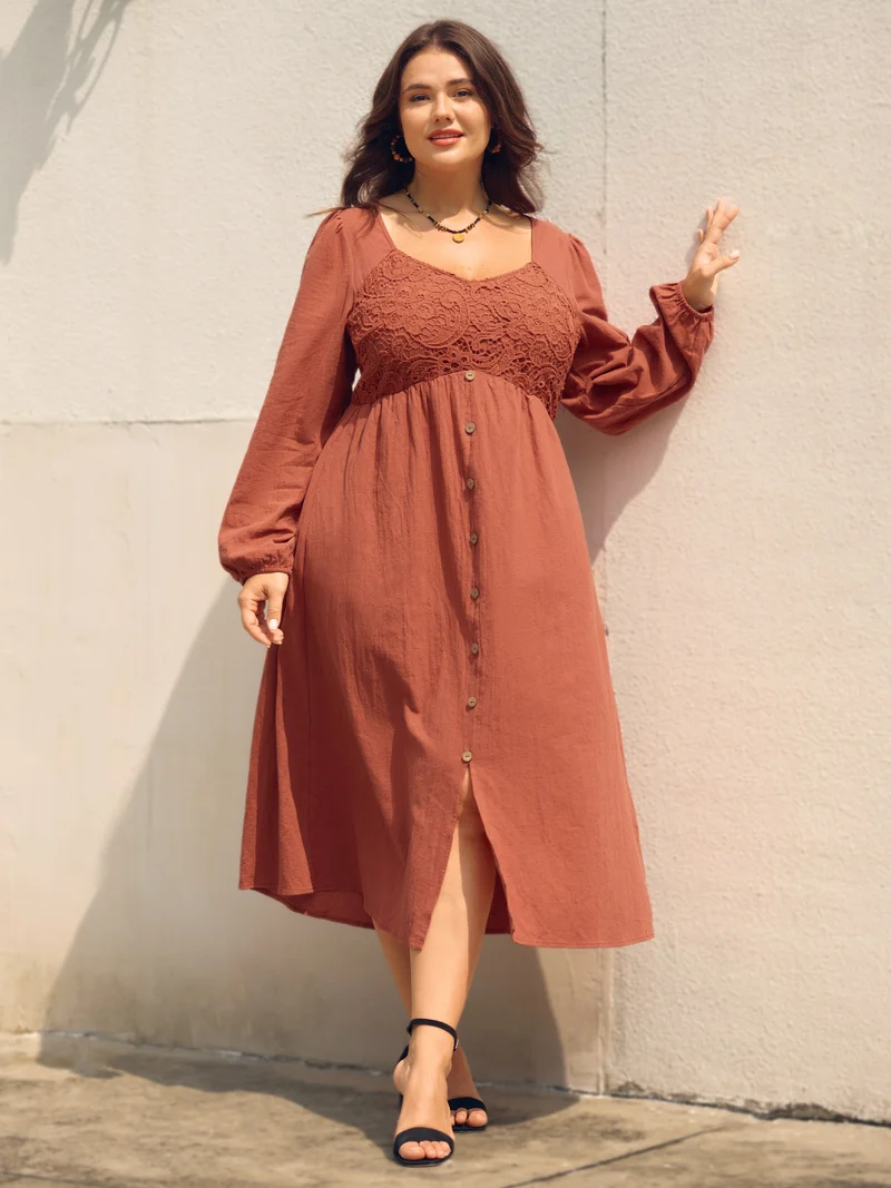 Cotton Lace Bodice Puffy Sleeve Button Midi Dress