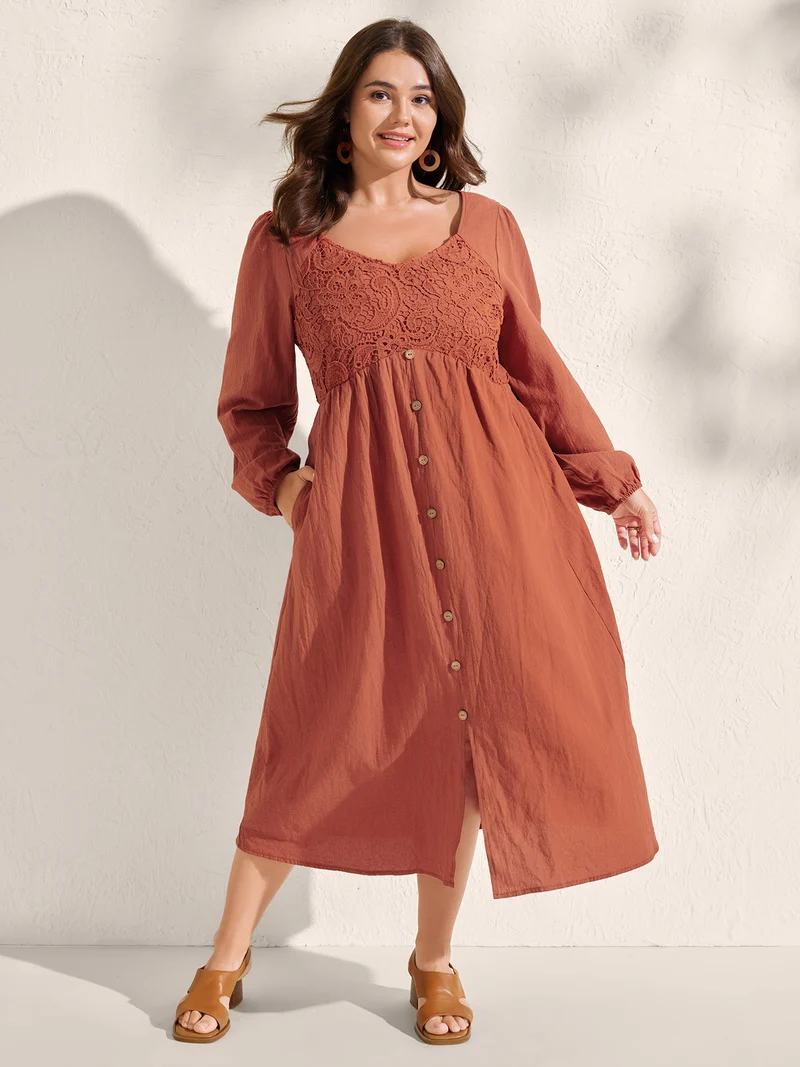 Cotton Lace Bodice Puffy Sleeve Button Midi Dress