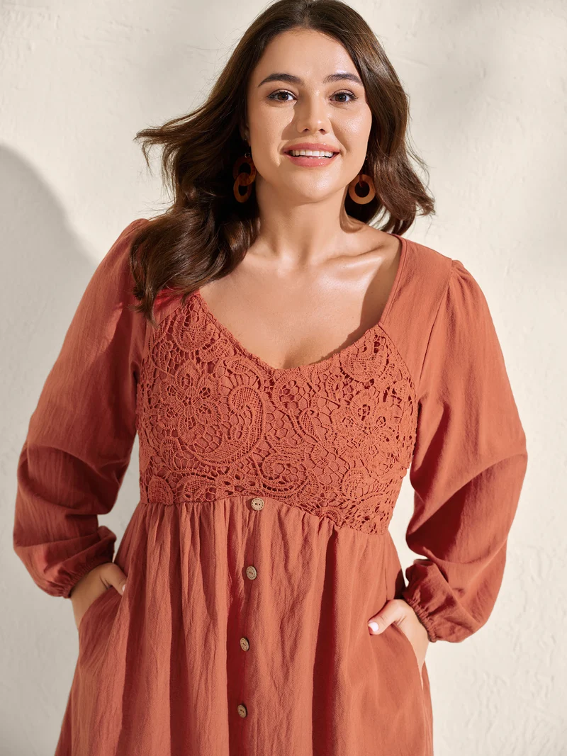 Cotton Lace Bodice Puffy Sleeve Button Midi Dress