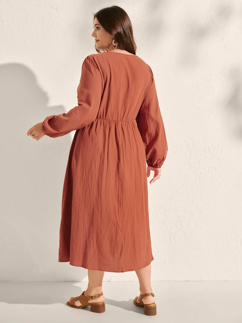 Cotton Lace Bodice Puffy Sleeve Button Midi Dress