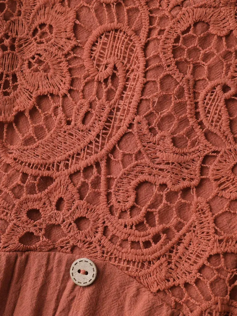 Cotton Lace Bodice Puffy Sleeve Button Midi Dress