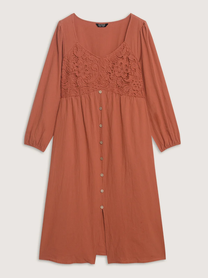 Cotton Lace Bodice Puffy Sleeve Button Midi Dress