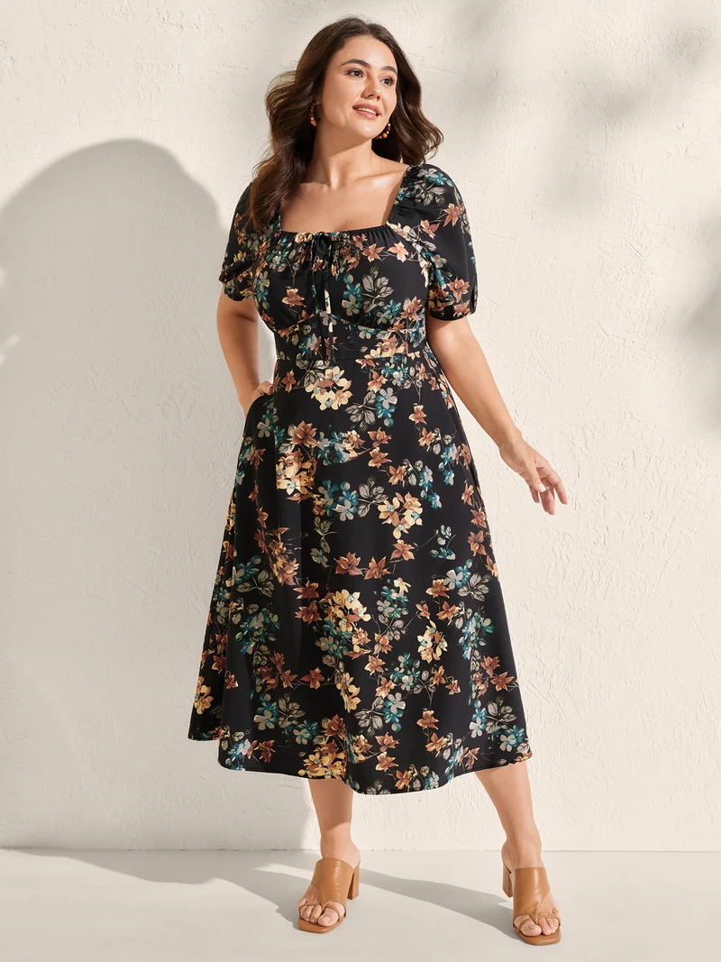 Floral Print Bust Ease Pockets Midi Dress