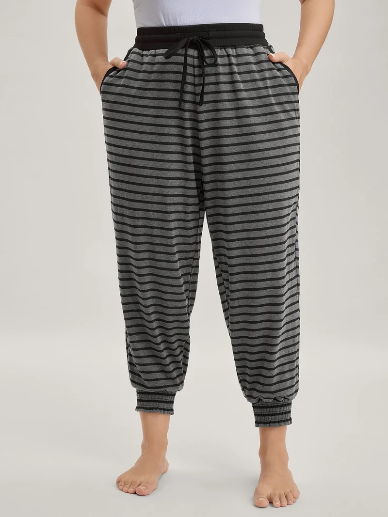 Striped Print Drawstring Shirred Lounge Pants