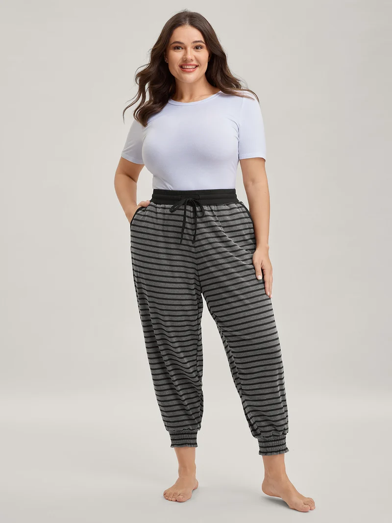 Striped Print Drawstring Shirred Lounge Pants