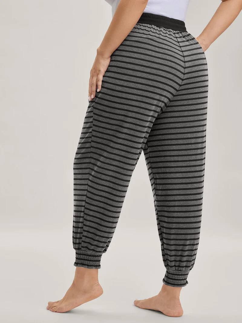 Striped Print Drawstring Shirred Lounge Pants