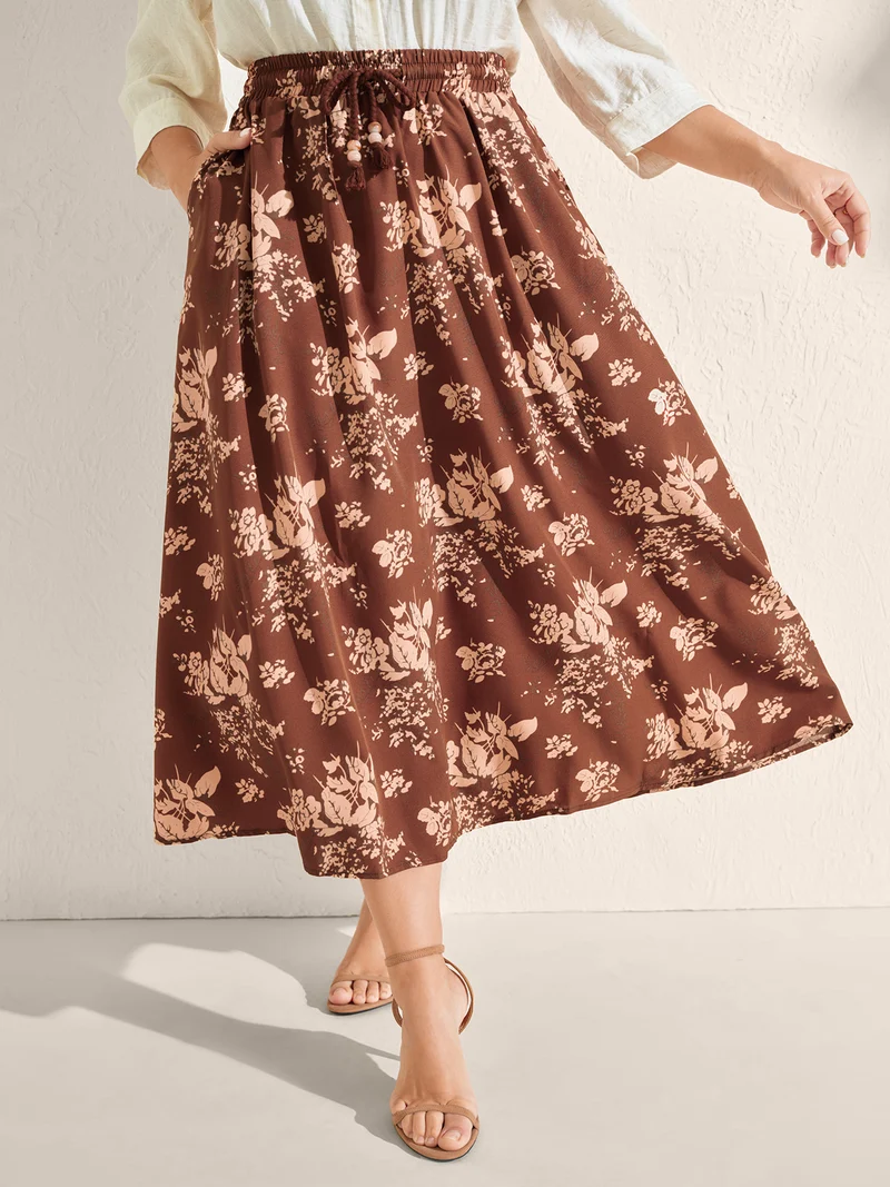 Large Floral Print Waist-Tie Midi Dress