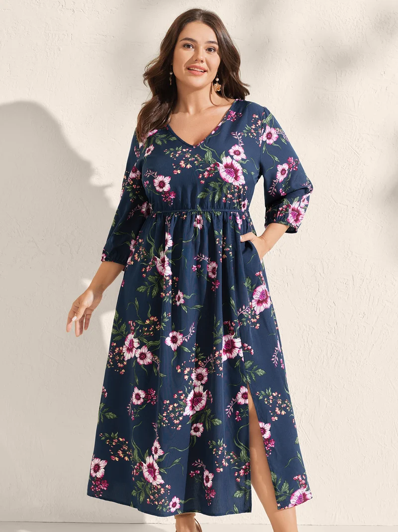 Floral Print Side Slit Pockets Midi Dress