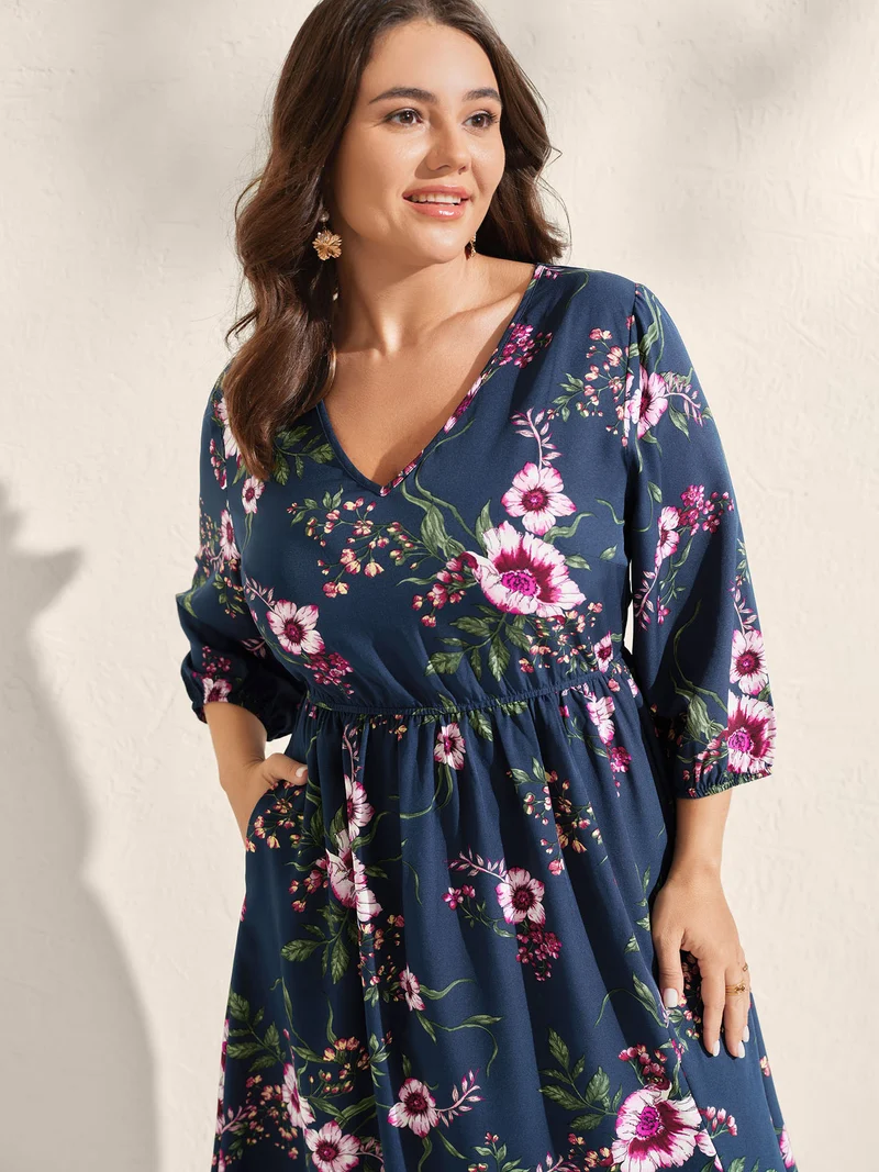 Floral Print Side Slit Pockets Midi Dress