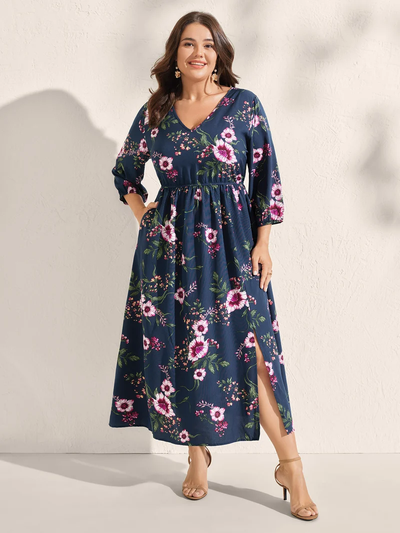 Floral Print Side Slit Pockets Midi Dress
