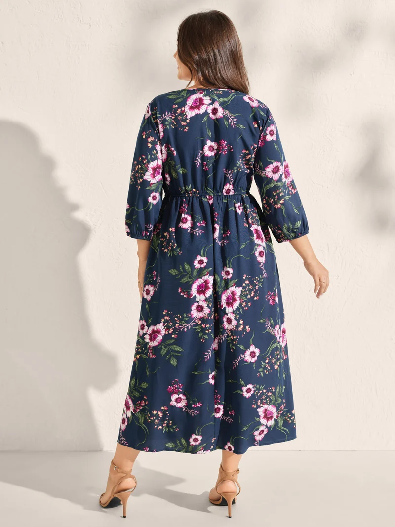 Floral Print Side Slit Pockets Midi Dress
