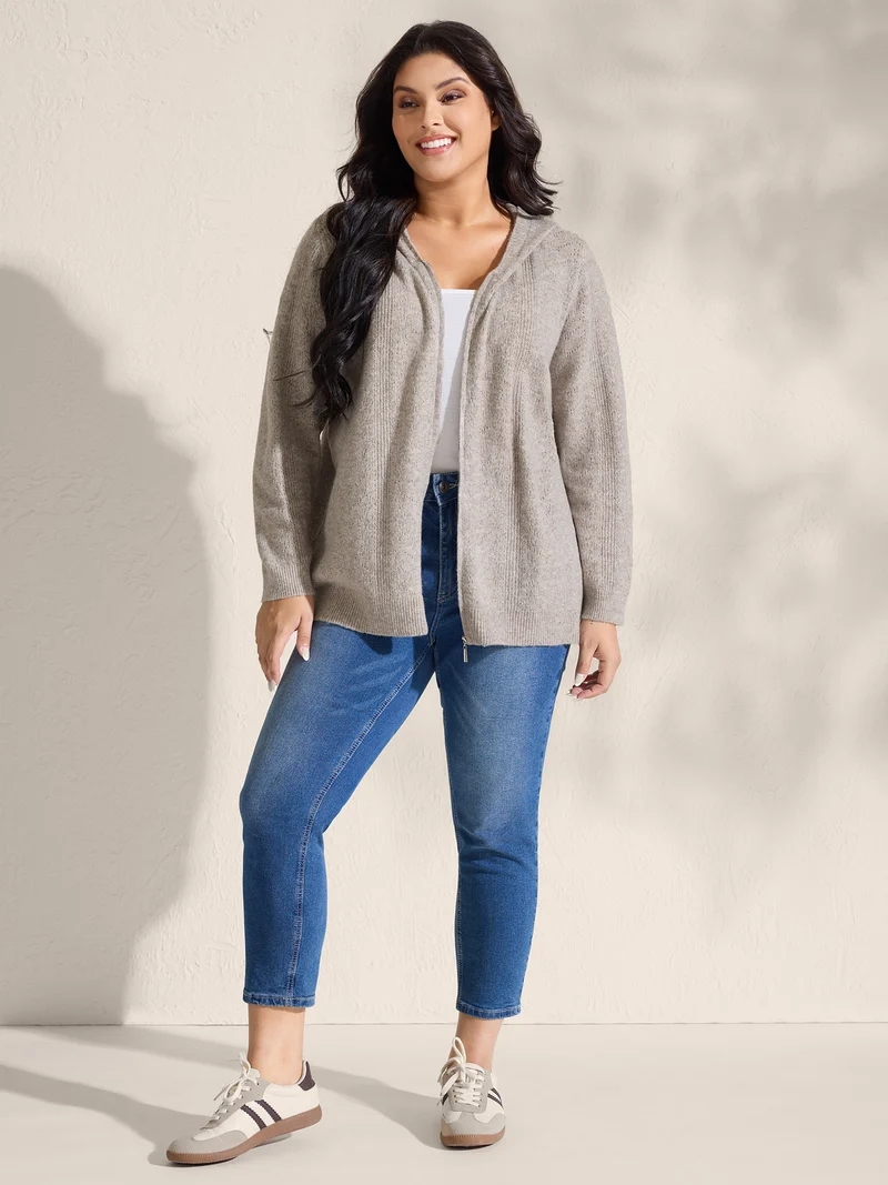 Hooded Zipper-Front Knit Cardigan