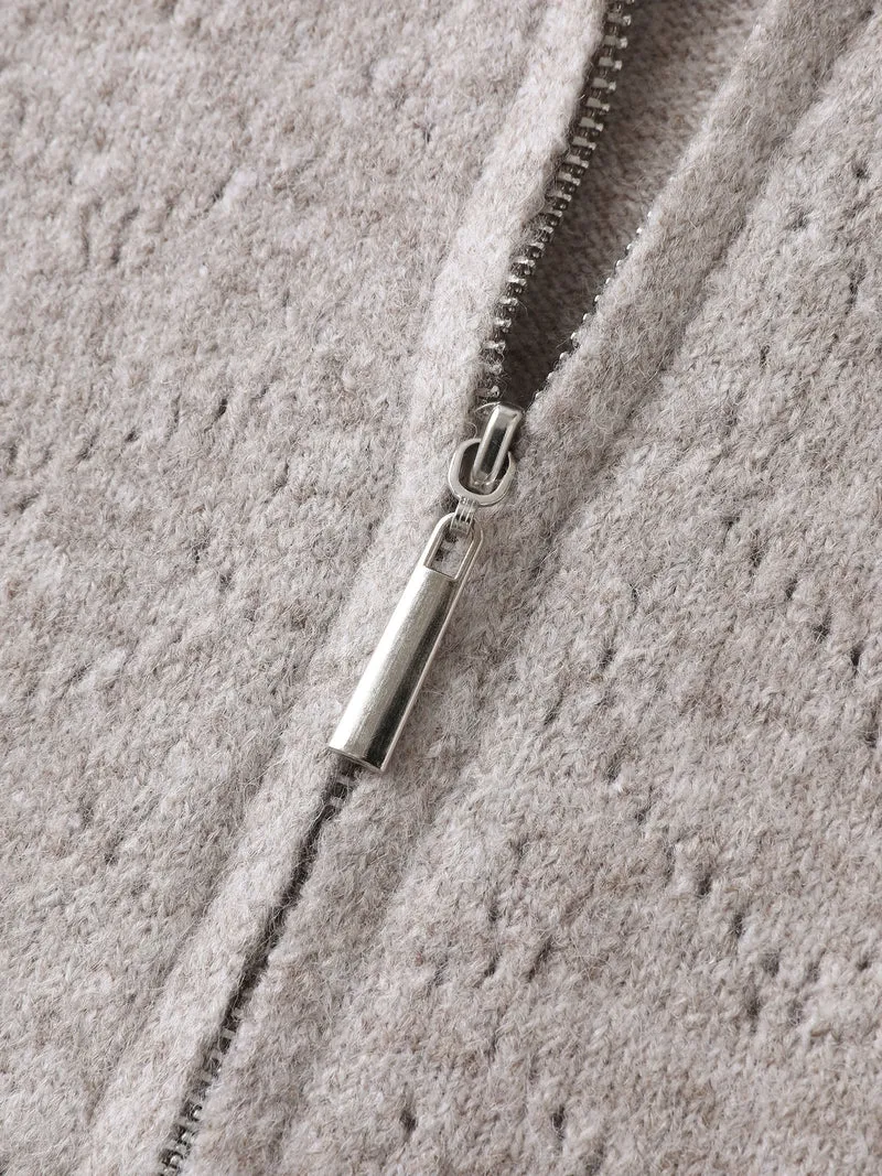 Hooded Zipper-Front Knit Cardigan