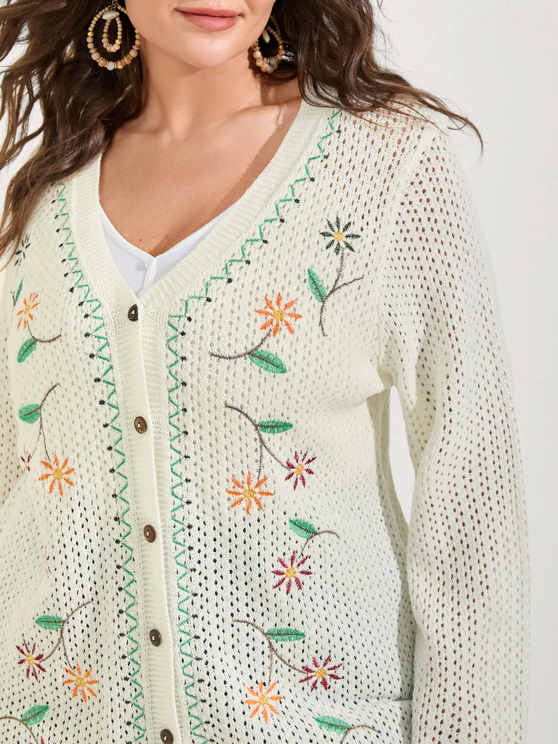 Floral Embroidery Flared Sleeve Knit Cardigan