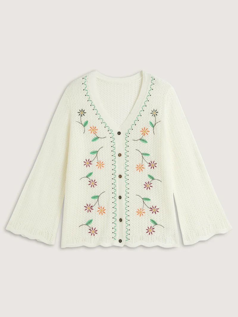 Floral Embroidery Flared Sleeve Knit Cardigan