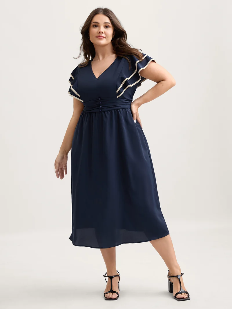 Color Contrast Pleated Cinched Waist Midi Dress