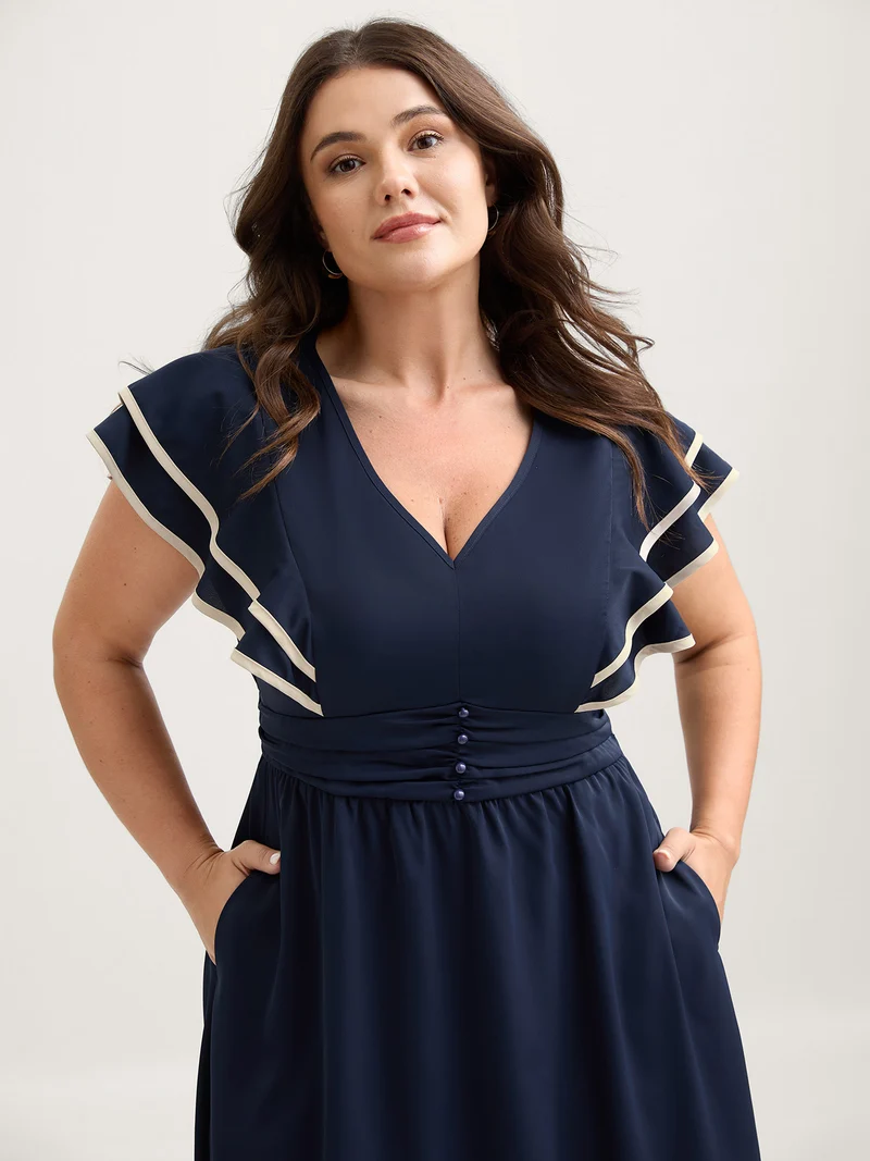 Color Contrast Pleated Cinched Waist Midi Dress