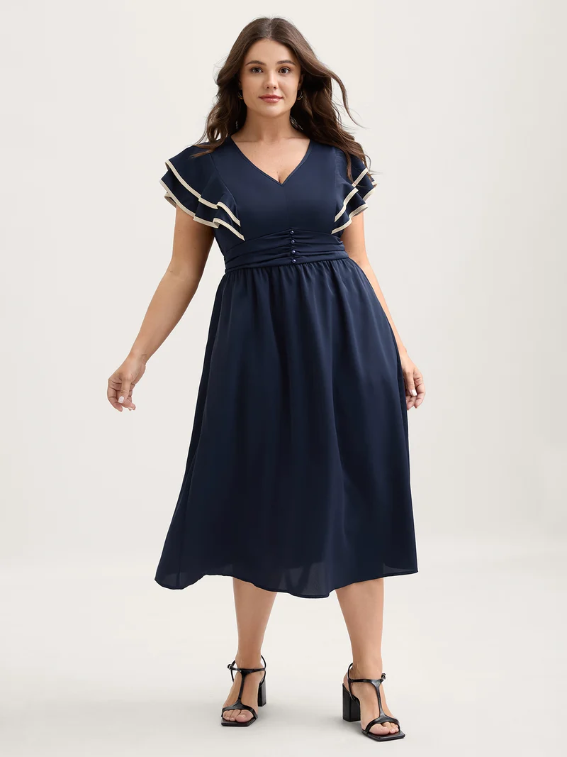 Color Contrast Pleated Cinched Waist Midi Dress