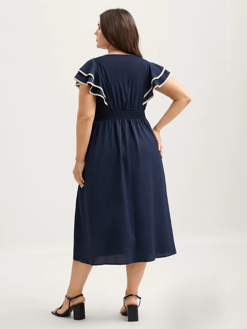 Color Contrast Pleated Cinched Waist Midi Dress