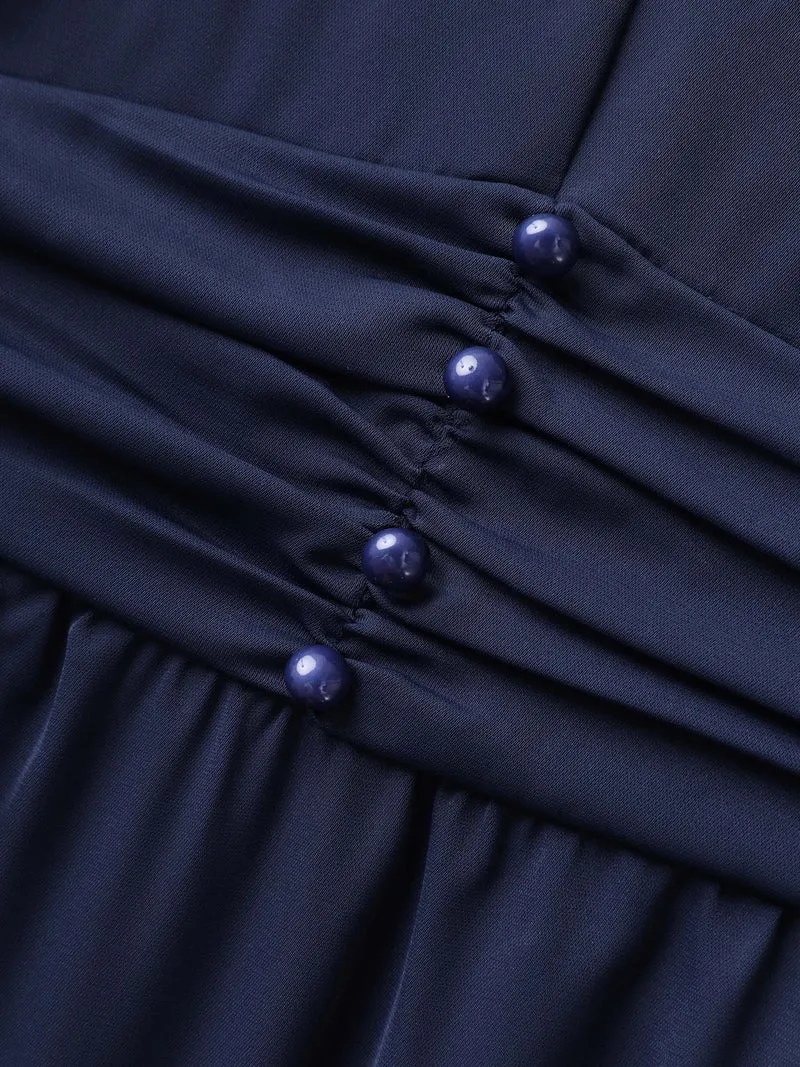 Color Contrast Pleated Cinched Waist Midi Dress