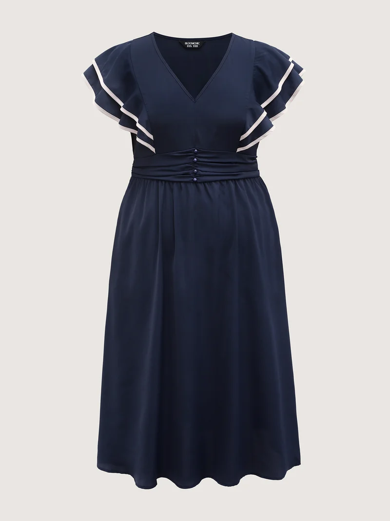 Color Contrast Pleated Cinched Waist Midi Dress